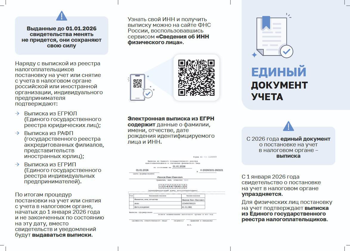 С 2026 года единым документом о постановке на учет в налоговом органе станет выписка